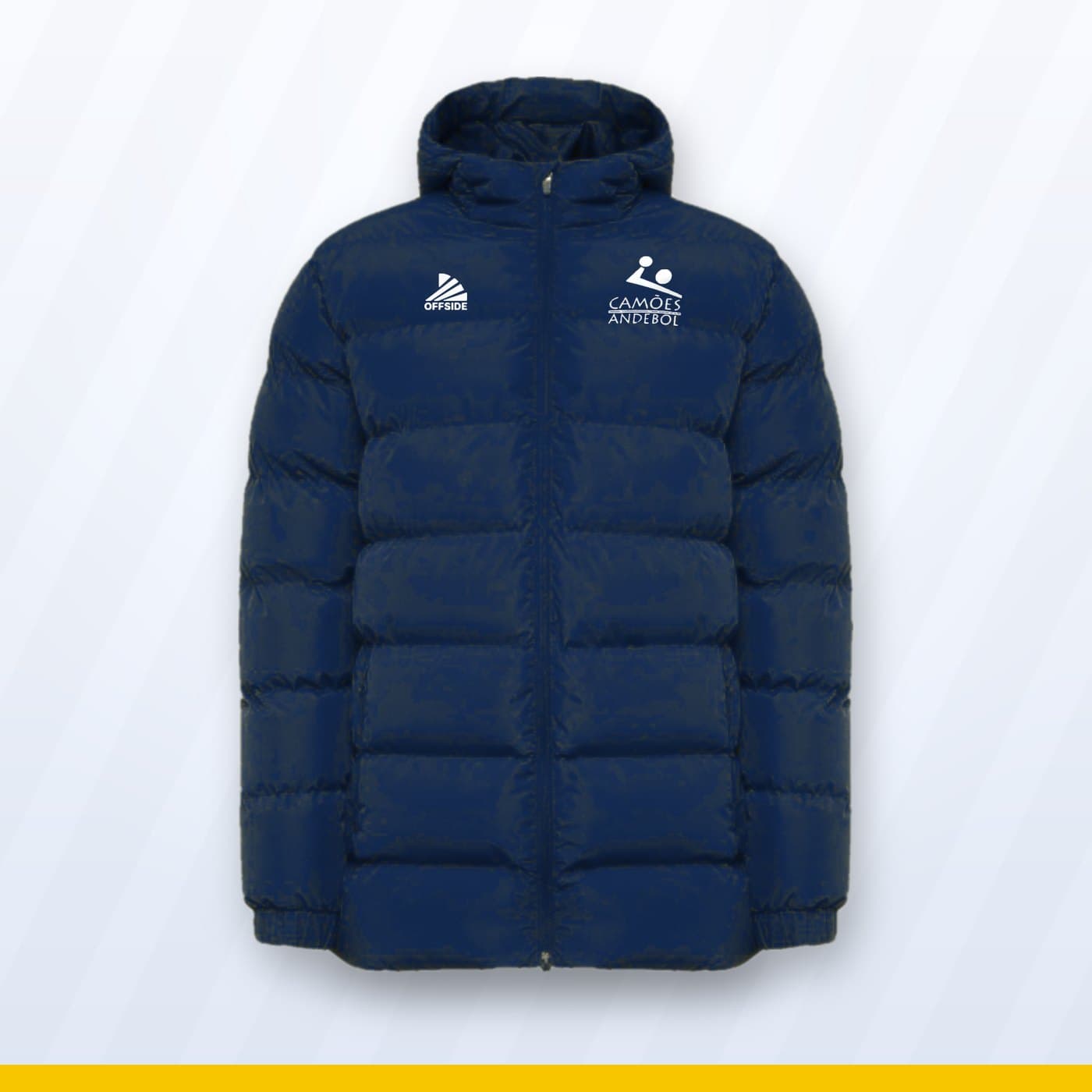 Blusão de inverno azul-escuro com capuz e o símbolo do Camões Andebol